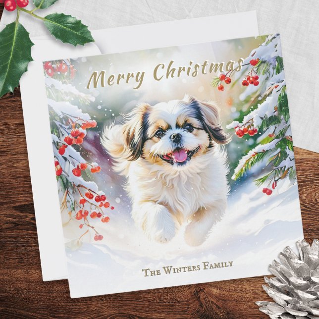 Cartão De Festividades Shih Tzu Dog Em Inverno Neve Feliz Natal (A Christmas card with illustration of a Shih Tzu dog walking in snow, in a watercolor style)
