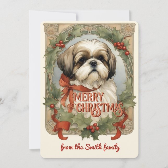Cartão De Festividades Shih Tzu Natal vintage Card (Frente)