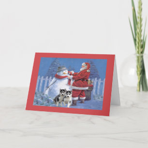 Cartão De Festividades Siberian Husky Christmas Card Santa Snowman