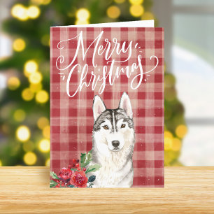 Cartão De Festividades Siberian Husky Red Xadrez Natal