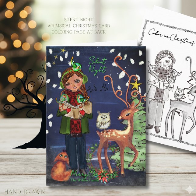 Cartão De Festividades Silent Night Caroling Girl Woodland Animals  (Silent Night Caroling Girl Woodland Animals Holiday Card)