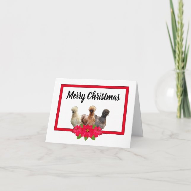 Cartão De Festividades Silkie Bantam Chicken Christmas Poinsetta RedFrame (Frente)