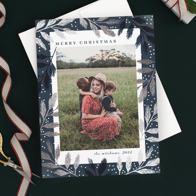 Cartão De Festividades Silver Foil Branches Feliz Natal 3 Foto (Criador carregado)