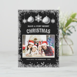Cartão De Festividades Silver Glitters Snowflakes Feliz Foto de Natal Fel