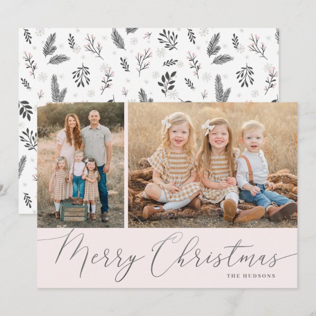Cartão De Festividades Silver Script Feliz Natal Elegante 2 Foto (Frente/Verso)