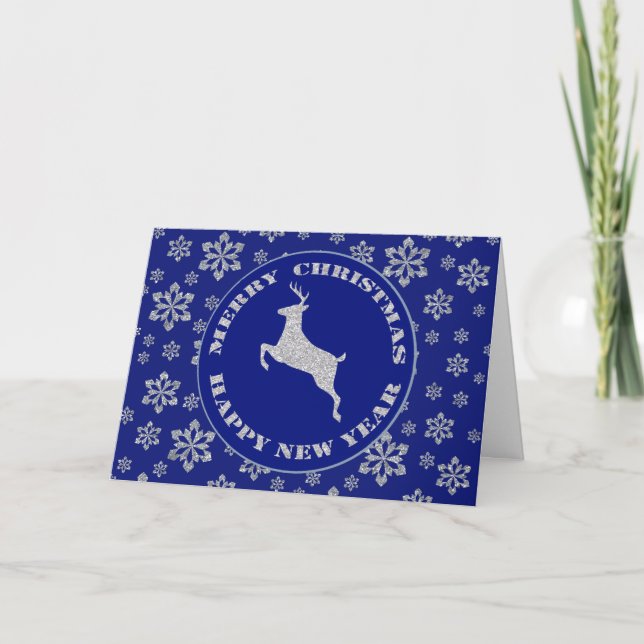 Cartão De Festividades Silver Snowflake Reindeer Blue Christmas (Frente)