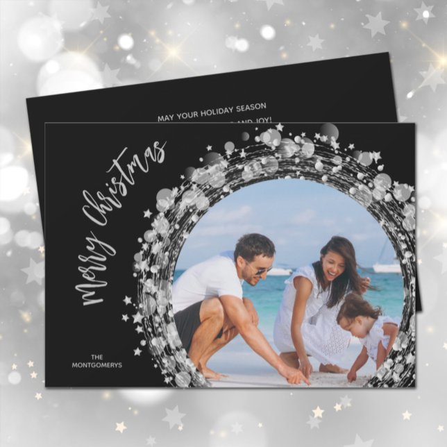 Cartão De Festividades Silver Stars em Black Merry Photo (Criador carregado)