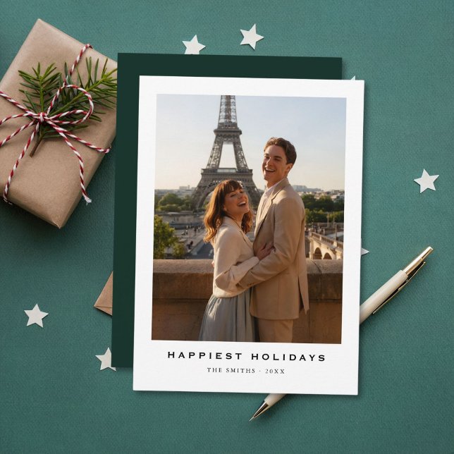 Cartão De Festividades Simple Elegant Happiest Holidays Newlywed Photo (Criador carregado)