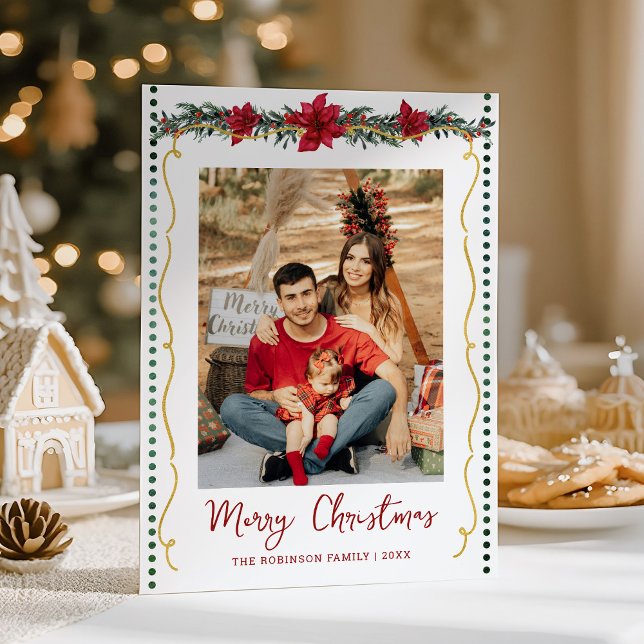 Cartão De Festividades Simple Greenery Poinsettia Feliz Natal 1 Foto (Criador carregado)