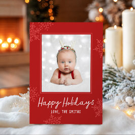 Cartão De Festividades Simple Happy Holidays Script Snowflakes Photo