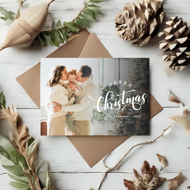 Cartão De Festividades Simple Merry Christmas Calligraphy Script Photo (Criador carregado)