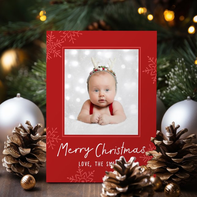 Cartão De Festividades Simple Merry Christmas Script Snowflakes Photo (Simple Merry Christmas Script Snowflakes Photo Holiday Card)