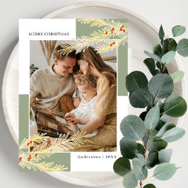 Cartão De Festividades Simple Pine Branches Gold &  Green Photo Christmas