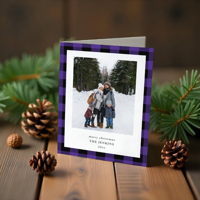 Cartão De Festividades Simple Purple Black Plaid Border 3 Photo Christmas (Criador carregado)
