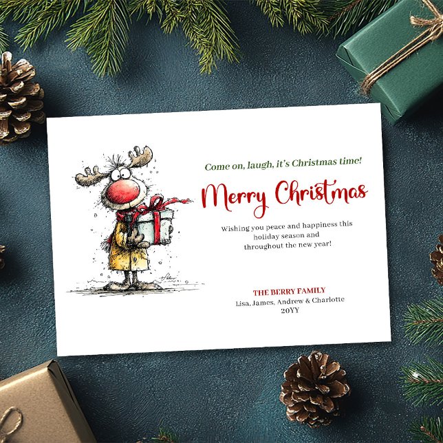 Cartão De Festividades Simple Quirky Reindeer Merry Christmas Card (Simple Quirky Reindeer Merry Christmas Card)