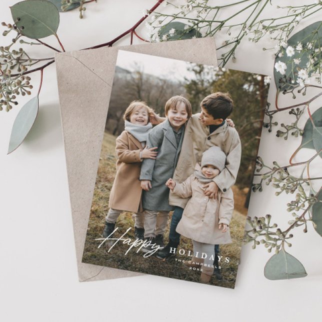 Cartão De Festividades Simple Script 3 Foto Feliz (Simple script photo holiday card with elegant typographic overlay.)