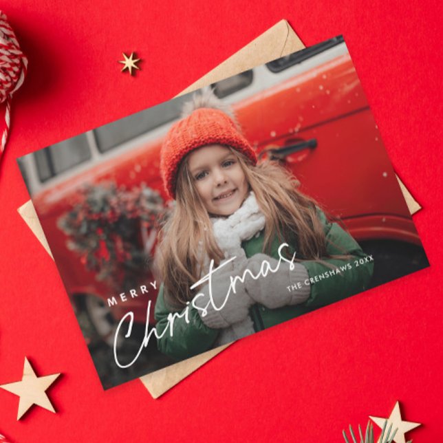 Cartão De Festividades Simple Script Feliz Natal 3 Foto  (Simple Script 3 Photo Christmas Holiday Card.)