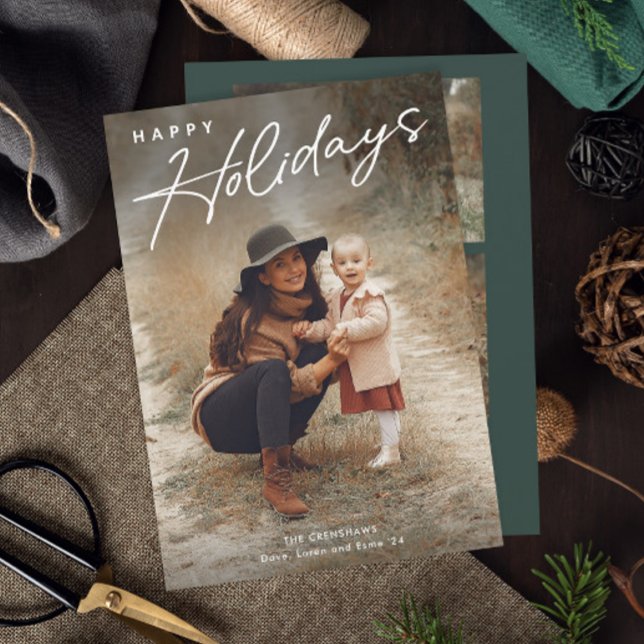 Cartão De Festividades Simple Script Felizes Festas 3 Foto  (Simple Happy Holidays Script 3 Photo Holiday card.)