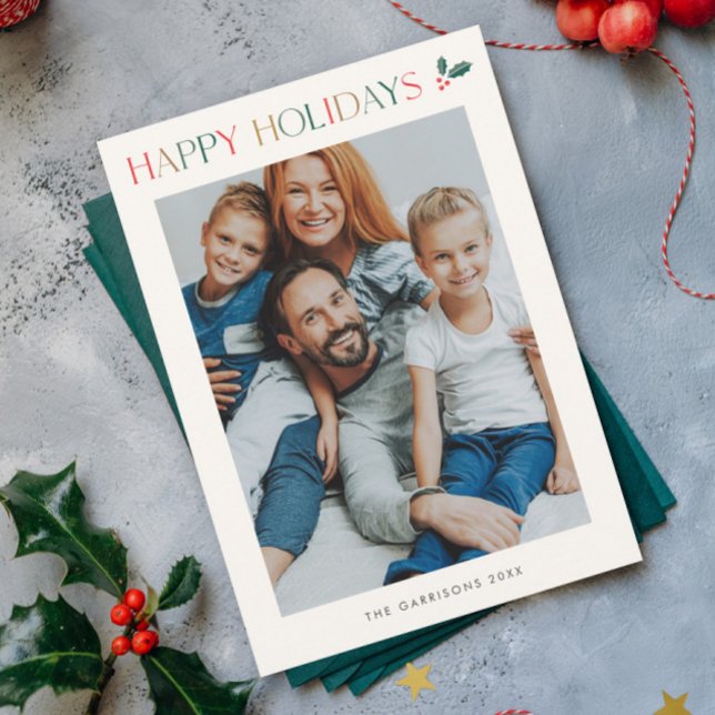 Cartão De Festividades Simples 2 Fotografias Feliz (Modern Colorful 2 Photo Happy Holidays Card.)