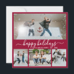 Cartão De Festividades Simples Bordo White 4 Photo Collage Happy<br><div class="desc">Placa de Script Feliz de Férias Elegante, Minimalista Burgundy e White 4 Photo Collage. Este cartão festivo e simples de Natal de quatro (4) fotos apresenta uma bonito colagem fotográfica e diz "Felizes Férias"! O texto de saudação de "Feriados Felizes" é escrito em um belo tipo de letra de rabo-de-coleira,...</div>