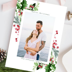 Cartão De Festividades Simples Branco Neve Aquarela Verde Uma Foto