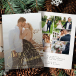 Cartão De Festividades Simples e elegante 6 fotos recém-casadas Feliz Nat<br><div class="desc">Escrito elegante em ouro falso casamento seis casal foto colagem nome e texto personalizado primeiro cartão de Natal.</div>
