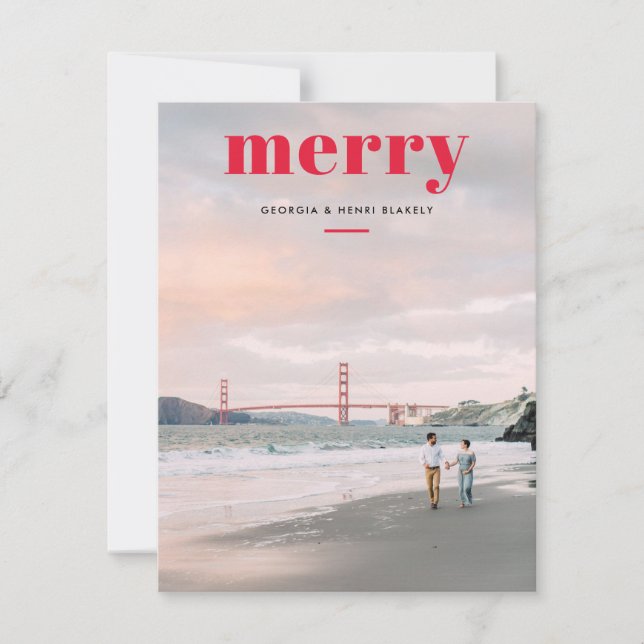 Cartão De Festividades Simples Feliz Vermelha Sobreposição Uma Foto Natal (Frente)