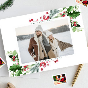Cartão De Festividades Simples Foto Branco Verde de Natal Moderno