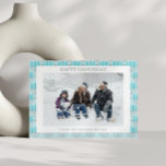 Cartão De Festividades Simples Hanukkah Menorah em foto personalizada azu<br><div class="desc">Um bom padrão menorah em azul-lacre e cinza para Hanukkah,  personalizado com seu nome,  saudação e foto.</div>