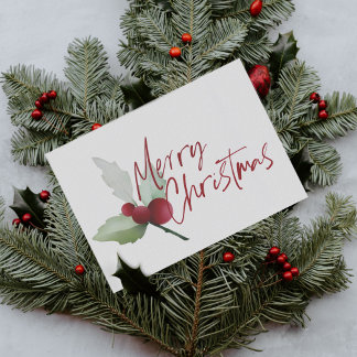 Cartão De Festividades Simples Holly e Berries Feliz Natal