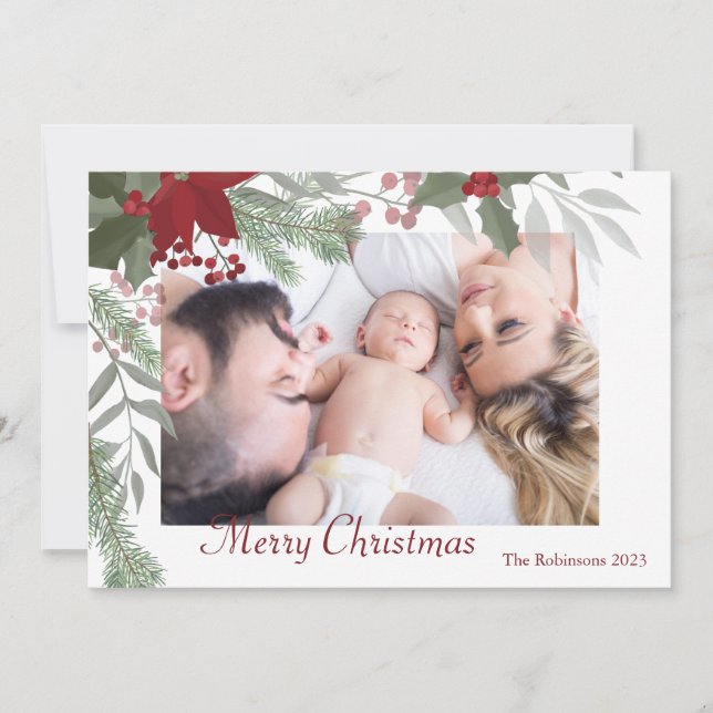 Cartão De Festividades Simples Natal Holly Botanical Greenery Foto (Frente)