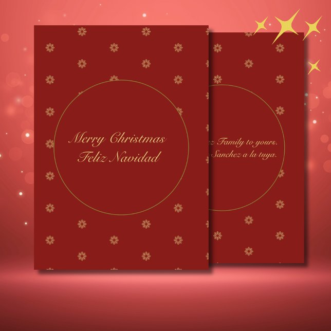 Cartão De Festividades Simples Natal Vermelho e Ouro Bilíngue (Bilingual Spnaish custom text greeeting card, family name personalizable. Multilingual Project)