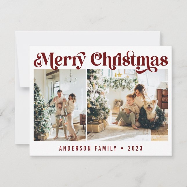 Cartão De Festividades Simples Red Minimalist Retro Christmas Two Photo (Frente)