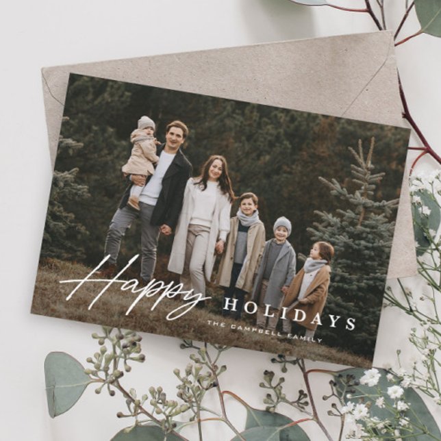 Cartão De Festividades Simples Script 3 Photo Happy (Simple Script Happy Holiday Photo Card with elegant typographic overlay.)