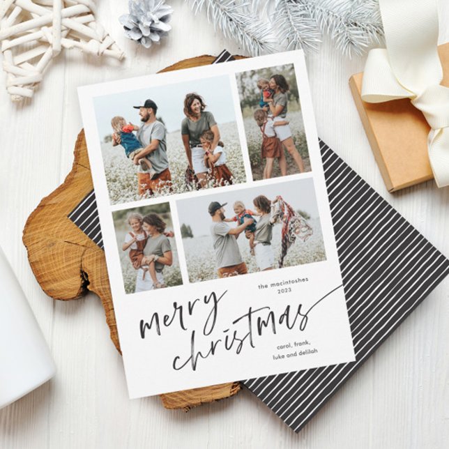 Cartão De Festividades Simples Script de Colagem de Fotografias Feliz Nat (Modern script merry christmas 4 photo collage minimal black and white Christmas holiday card.)