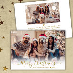 Cartão De Festividades Simples Script Dourado 2 Foto Natal<br><div class="desc">Cartão de Feriado de Script de Natal Mínimo Dourado Moderno, Cute, Script 2 Foto Feliz. Este simples e festivo minimalista, enquanto que dois modelo de cartão de cartões de natal de fotografia apresentam um texto de saudação "Feliz Natal" que é escrito em uma camada de fotos de ouro, com letra...</div>