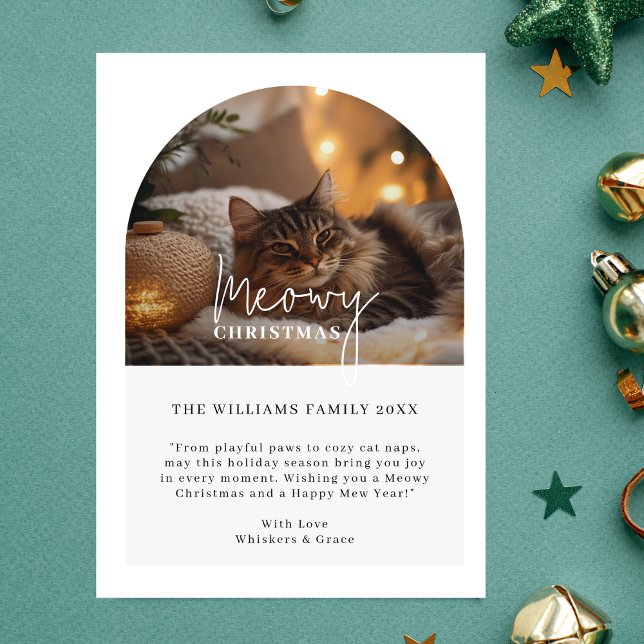 Cartão De Festividades Simples Script Meowy Christmas Arch Photo Cat (Criador carregado)
