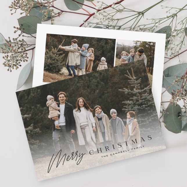 Cartão De Festividades Simples Script Merry 3 Foto Natal (Modern script merry christmas typographic photo christmas holiday cards.)