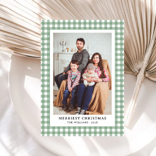 Cartão De Festividades Simples Xadrez Vichy Verde Foto Natal Vintage