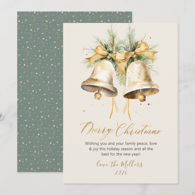 Cartão De Festividades Sinos De Natal Elegante De Cores Aquáticas (Frente/Verso)