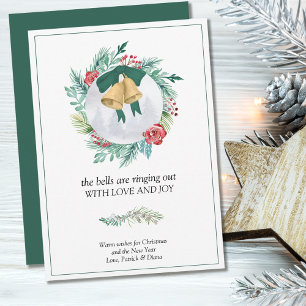 Cartão De Festividades Sinos Tocando Amor e Alegria Coroa de Natal