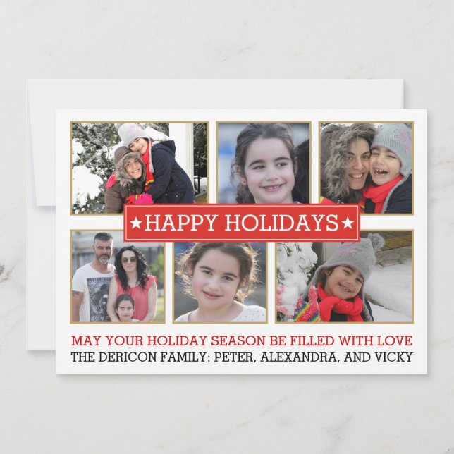 Cartão De Festividades Six photos red and gold modern Christmas holiday (Frente)
