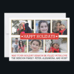 Cartão De Festividades Six photos red and gold modern Christmas holiday<br><div class="desc">Six photos red, gold and white modern Happy Holidays elegant Christmas flat photo card featuring six family photos in frames with gold outline, a red frame with white outline with the text “Happy Holidays”, the text “May your holiday season be filled with love” and your names. This chic holiday card...</div>