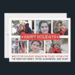 Cartão De Festividades Six photos red and gold modern Christmas holiday<br><div class="desc">Six photos red, gold and white modern Happy Holidays elegant Christmas flat photo card featuring six family photos in frames with gold outline, a red frame with white outline with the text “Happy Holidays”, the text “May your holiday season be filled with love” and your names. This chic holiday card...</div>