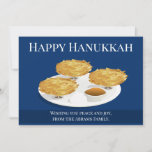 Cartão De Festividades Smiley Latkes Cartoon Holiday Hanukkah<br><div class="desc">Um cartão de feriado chanucá plano que diz "Feliz Chanucá" com três latas sorridentes em um prato com molho de maçã e creme azedo. O cartão também contém uma saudação que você pode mudar como quiser.</div>