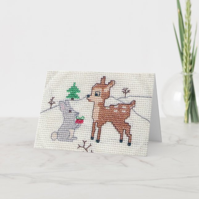 Cartão De Festividades Snow Fawn e Bunny Cross Stitch (Frente)