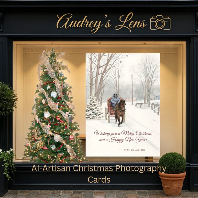 Cartão De Festividades  Snow Sketch Horse Drawn Carriage Snow Scene Desig (Criador carregado)