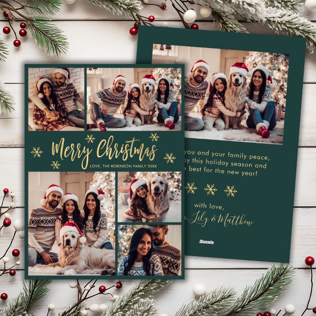 Cartão De Festividades Snowflake Green e 5 Fotografias Douradas no Natal (Criador carregado)