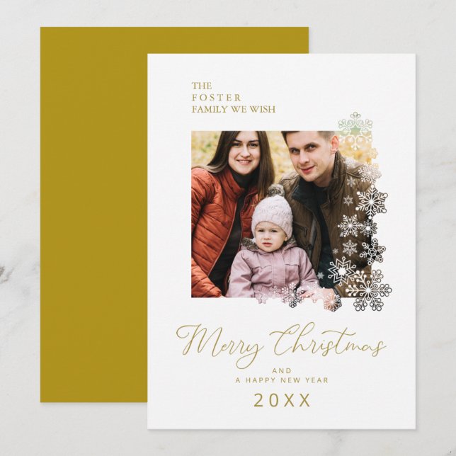 Cartão De Festividades Snowflakes Frame Modern Elegant Chic Christmas Pic (Frente/Verso)