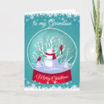 Cartão De Festividades Snowglobe Snowman, neto cardeal<br><div class="desc">Snowglobe de Natal Snowman com aves vermelhas cardeal na neve e flocos de neve gelados para o seu neto</div>